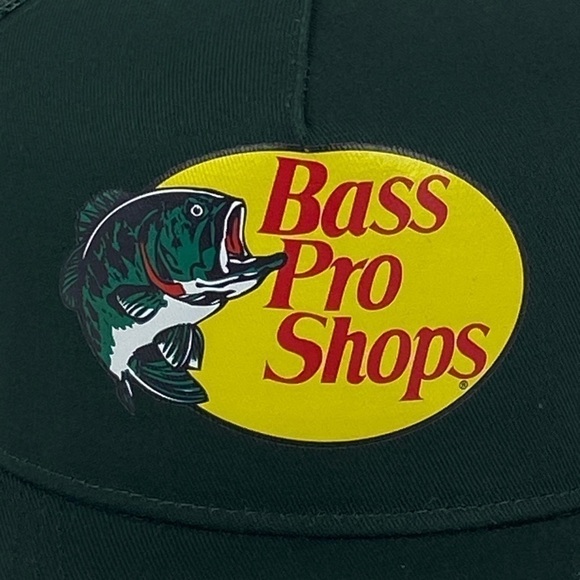 Bass Pro Shops Dark Green Printed Logo Trucker Mesh Hat Snapback Closure NEW - Picture 2 of 10